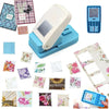 A collection of square postage stamp paper and a punch tool for crafting and scrapbooking