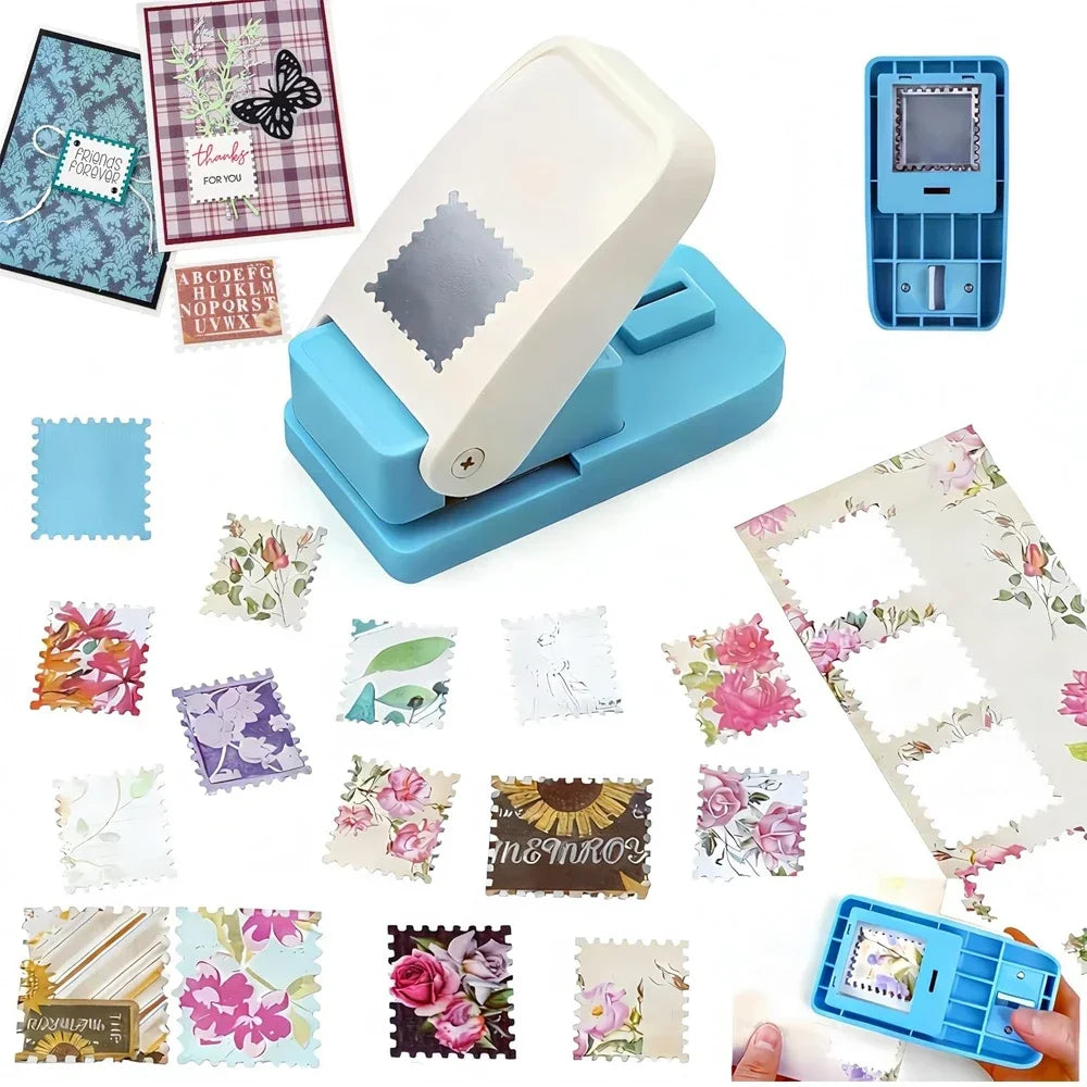 A collection of square postage stamp paper and a punch tool for crafting and scrapbooking