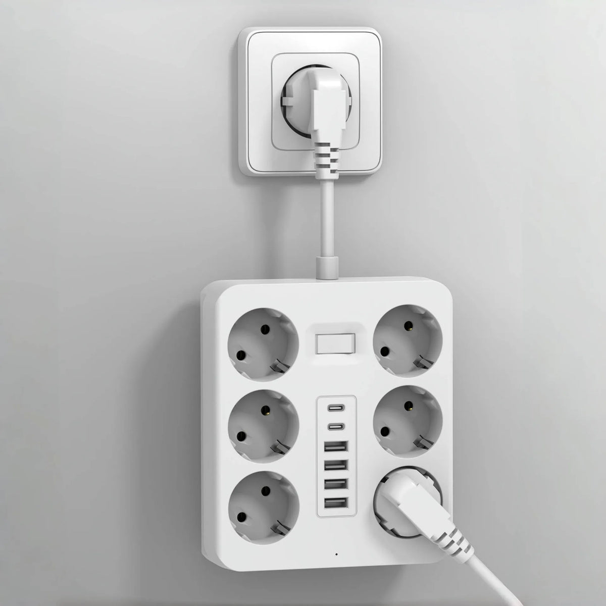 A white wall socket extender with multiple outlets and USB ports mounted on a gray wall.