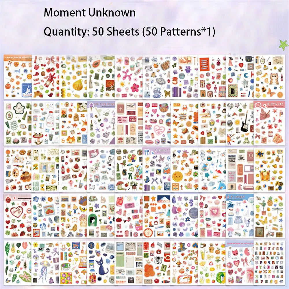 A collection of 50 sheets of assorted aesthetic nature stickers and patterns for scrapbooking and DIY projects