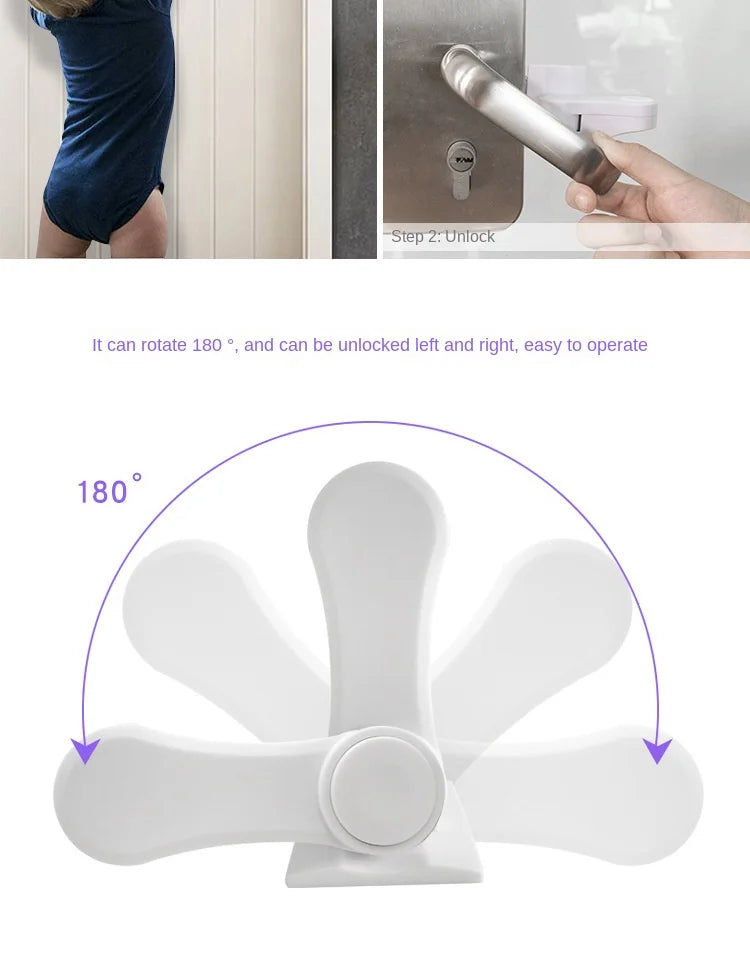 A white door lever lock mechanism showing its 180 degree rotation capability.