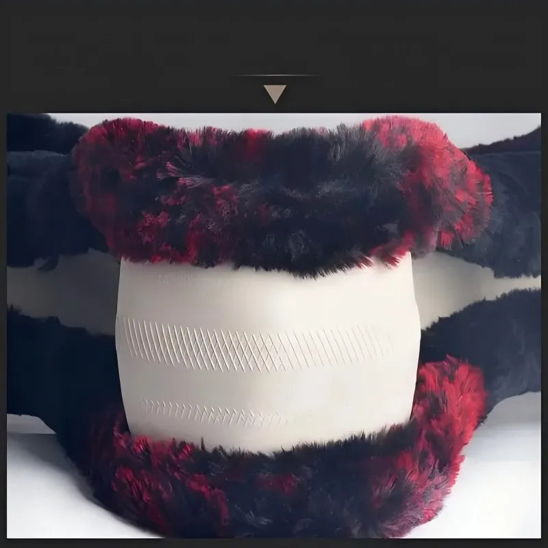A cozy cartoon plush steering wheel cover featuring black and red faux fur.