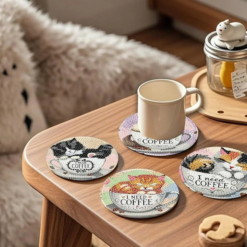 A set of six DIY diamond art coasters with metal stands featuring coffee designs on a wooden table.