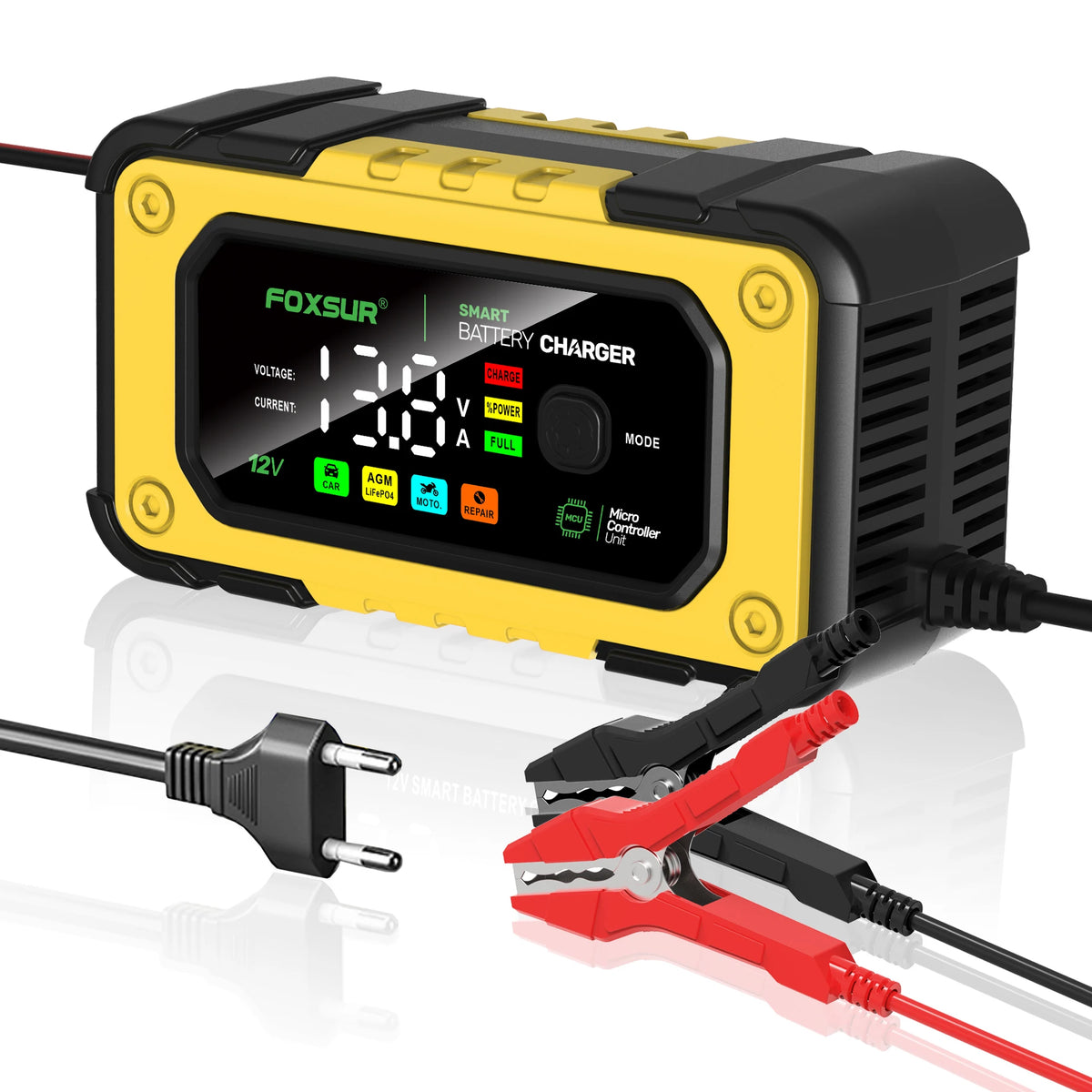 A yellow and black smart battery charger device with a digital display and crocodile clips is shown.
