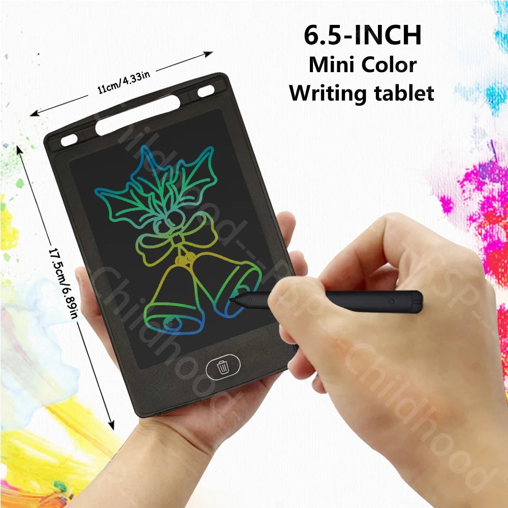 A hand holds a 6.5-inch Mini Color Writing tablet displaying a drawing of a bow and bells on a black screen.