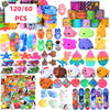A variety pack of colorful fidget toys and party favors for kids, including pop-it, squishy, and sensory items.