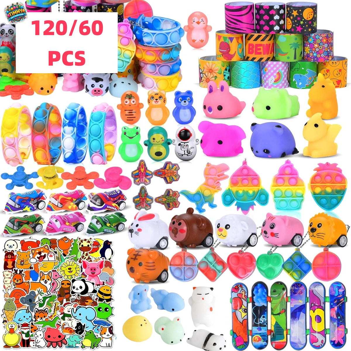 A variety pack of colorful fidget toys and party favors for kids, including pop-it, squishy, and sensory items.
