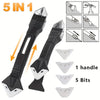 A black and white 5 in 1 caulking tool kit showing a handle and five replacement bits.