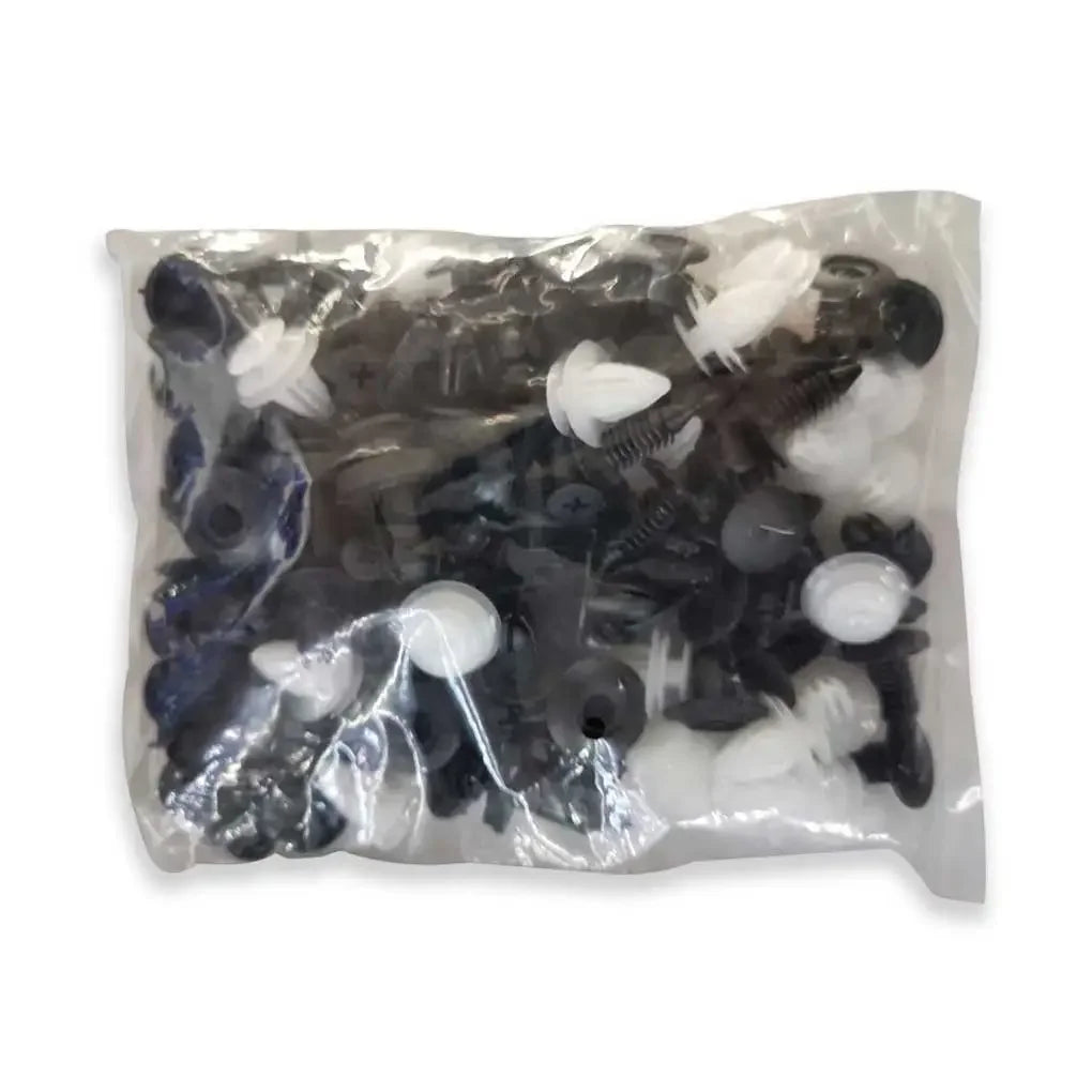 A clear plastic bag containing a set of auto trim panel retainer clips for body panel repair