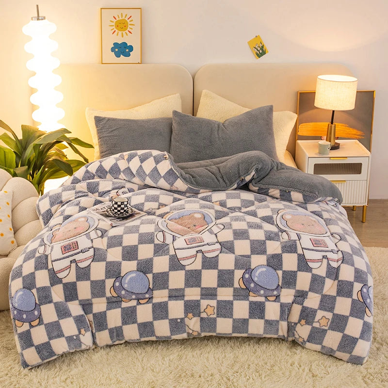 A gray and white checkered plush throw blanket is displayed on a light-colored rug next to a bed.