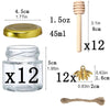 Twelve small glass honey jars with wooden dippers and gold lids are shown alongside a honey dipper.