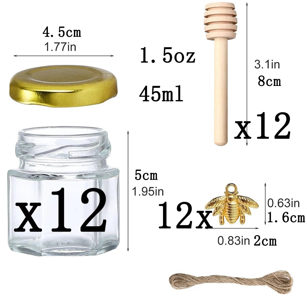 Twelve small glass honey jars with wooden dippers and gold lids are shown alongside a honey dipper.