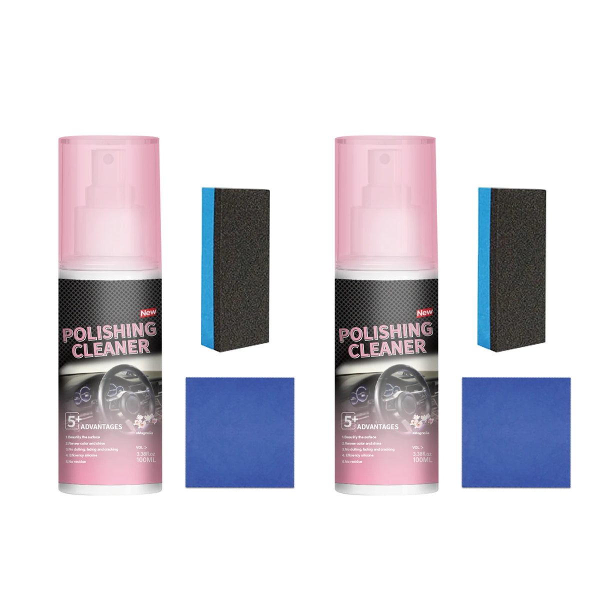Two bottles of Polishing Cleaner with pink and black labels and blue packaging boxes.