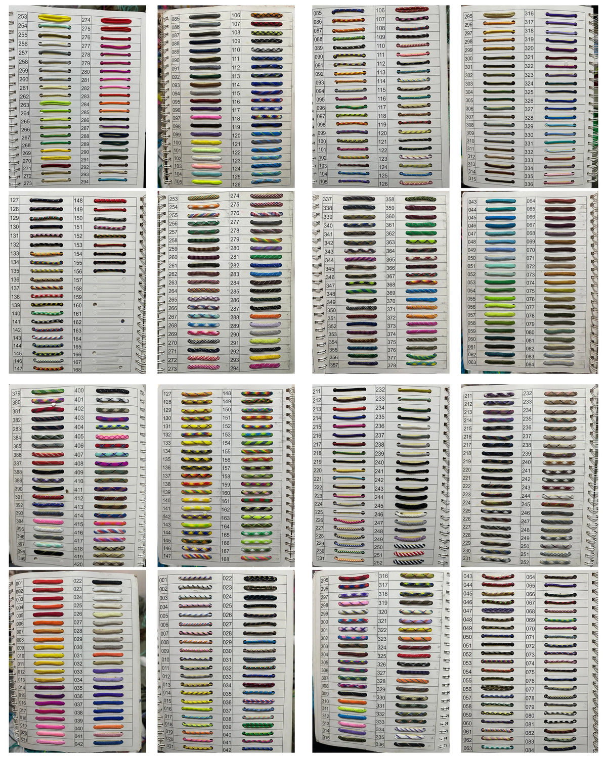 A collection of various colored paracord ropes and cords displayed in a grid format.
