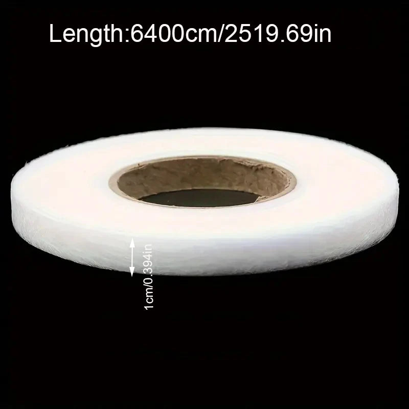 Roll of white no-sew iron-on hem tape for clothing repairs with dimensions listed.