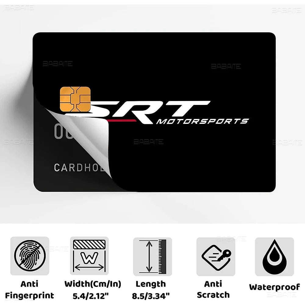 A black credit card skin cover sticker featuring the SRT Motorsports logo and various protective features.
