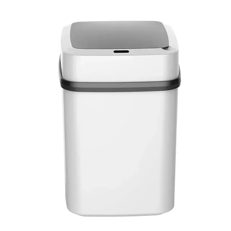 A white touchless trash can with a gray lid and sensor top.