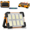 A portable solar and USB LED work floodlight with multiple bright yellow-white LED panels.