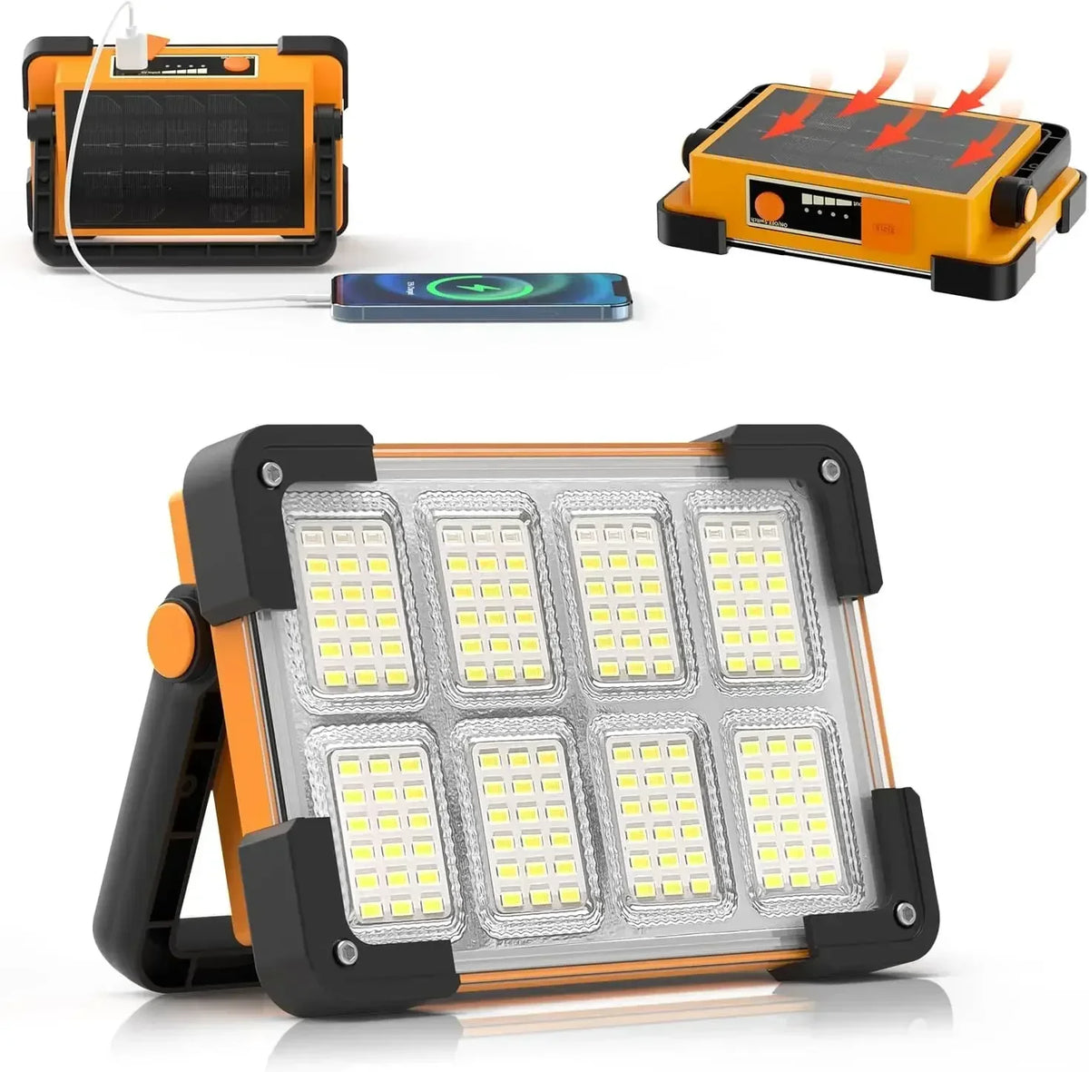 A portable solar and USB LED work floodlight with multiple bright yellow-white LED panels.