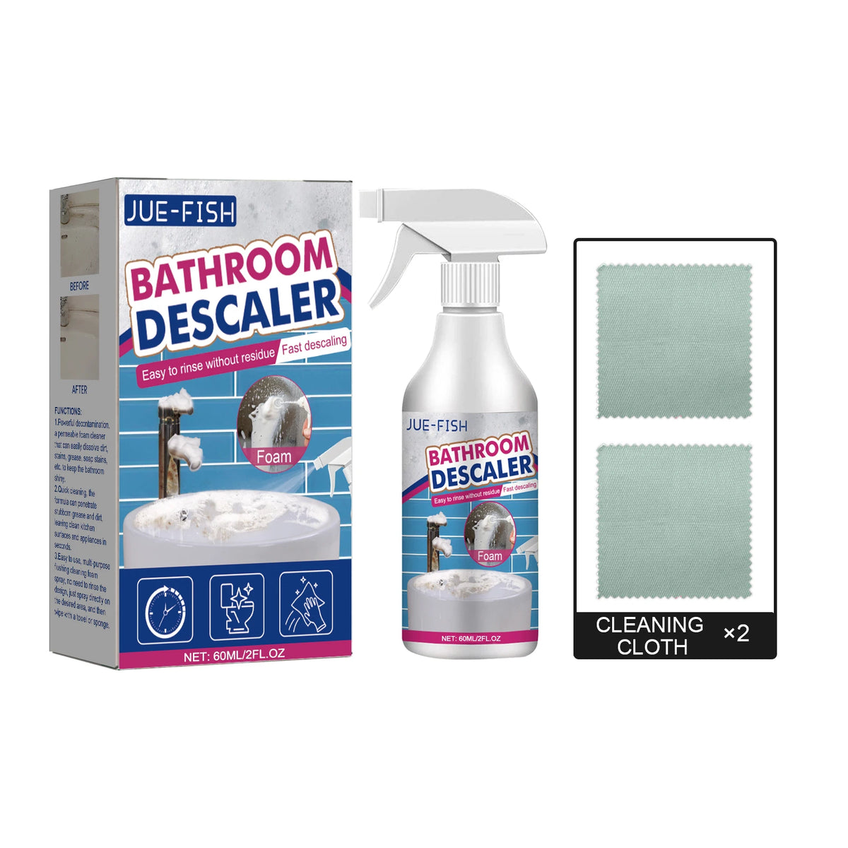 Jue-Fish bathroom descaler spray bottle and cleaning cloth package