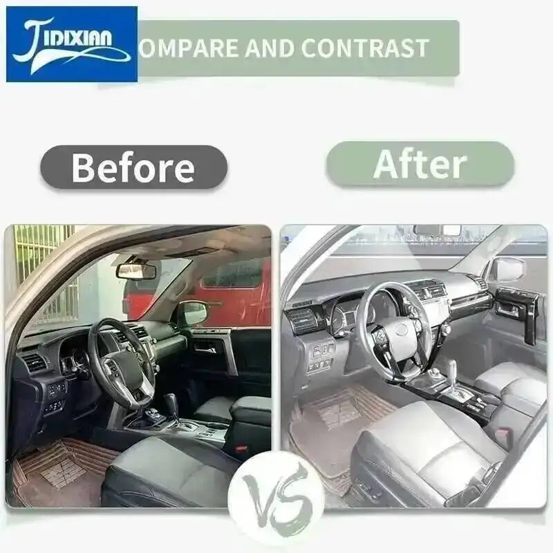 Before and after comparison of carbon fiber trim kit installation on a Toyota 4Runner interior.