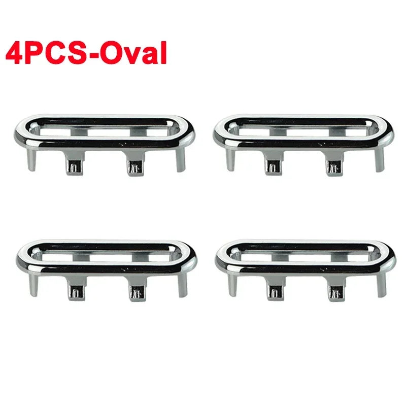 Four chrome-plated oval sink overflow covers for plumbing fixtures