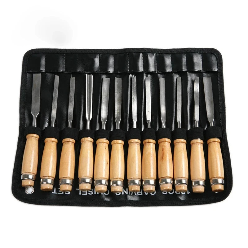 12-Piece Wood Carving Chisel Set with High Carbon Steel Blades