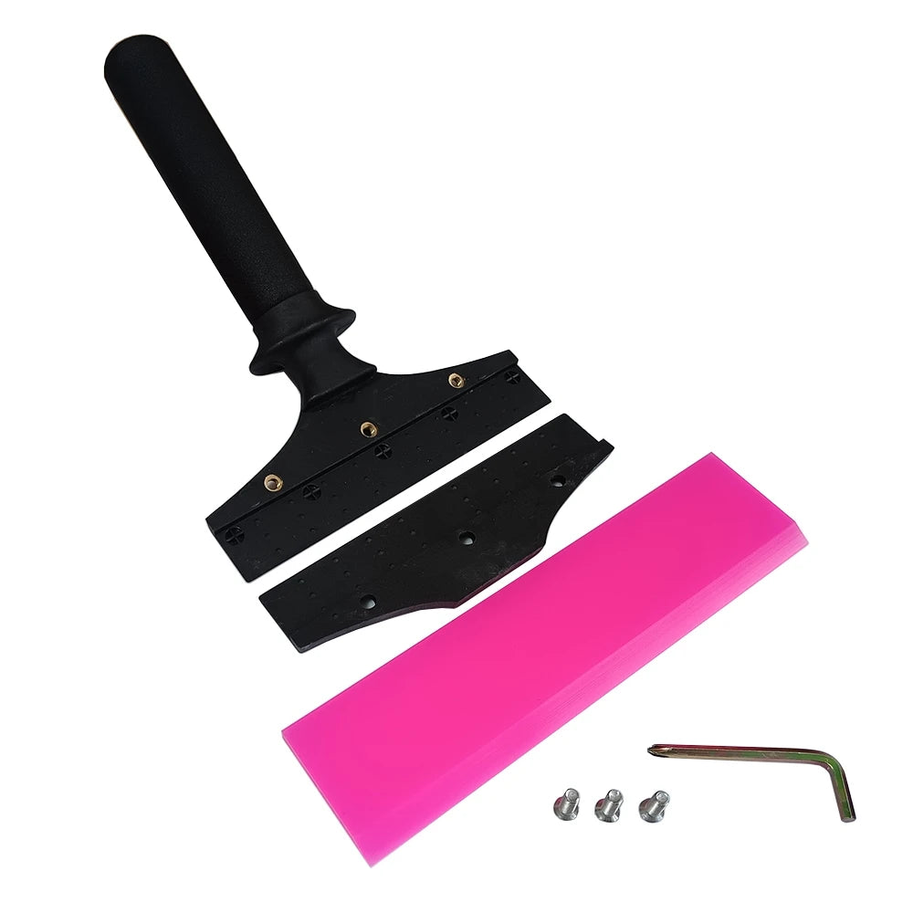 Black rubber squeegee with an anti-slip nylon handle and small metal tools.