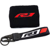 Black fabric sock with a red and white R1 logo, used as a brake fluid reservoir cover.