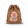 A brown drawstring storage bag featuring a cute capybara illustration.