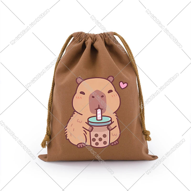 A brown drawstring storage bag featuring a cute capybara illustration.