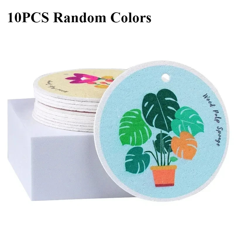 A circular tag showing a green Monstera plant in an orange pot, next to a stack of ten random colored wood pulp sponges.