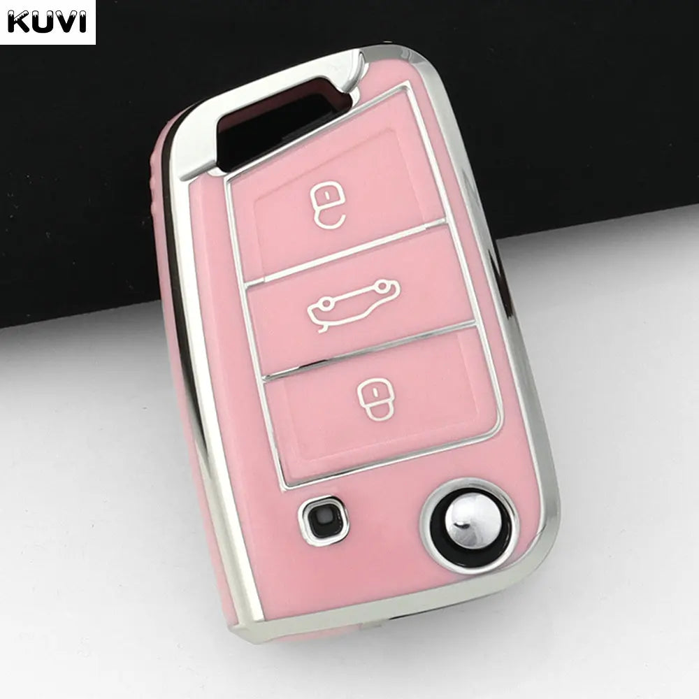 A pink TPU car key fob cover for VW, Skoda, Seat, and Audi vehicles.