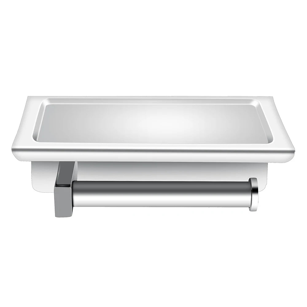 Silver under-cabinet paper towel holder with a metal rod and tray.