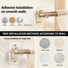 Adhesive and screw mounting brackets for curtain rods shown on smooth and rough walls.