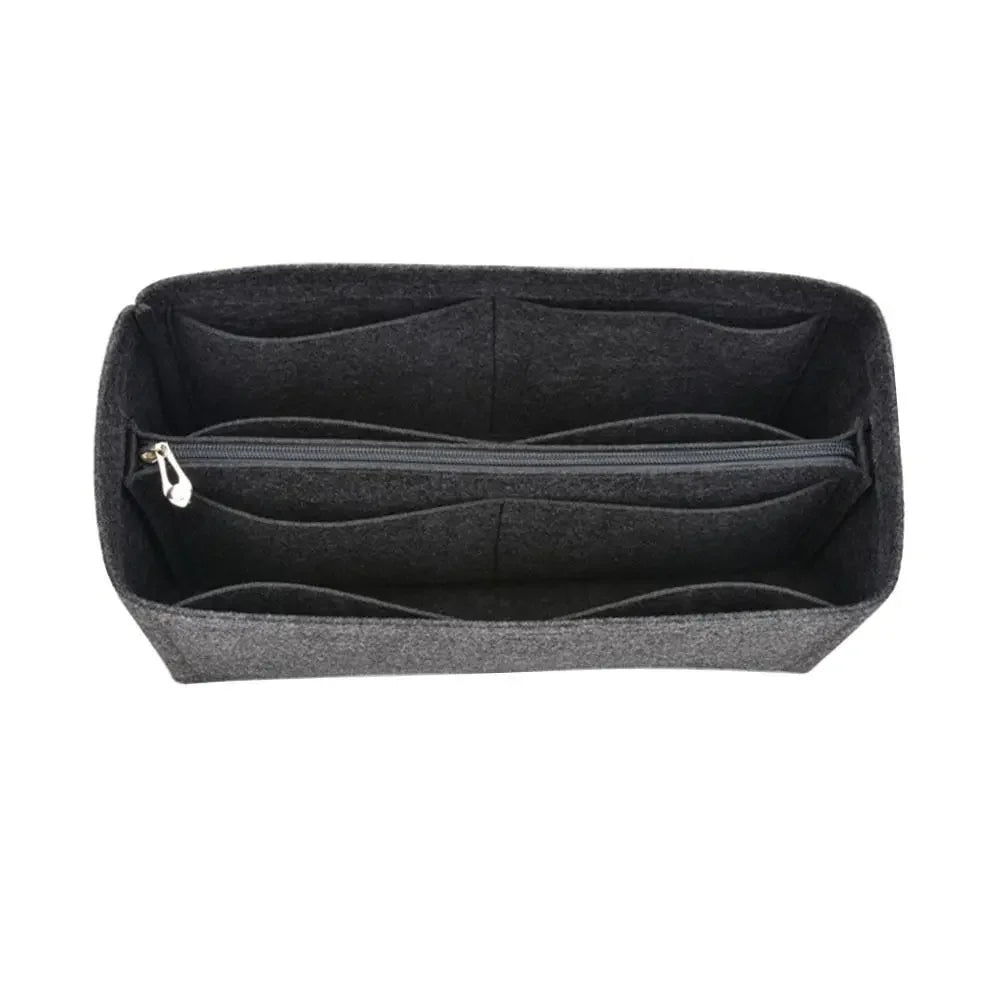 A dark gray felt insert liner designed for handbags.