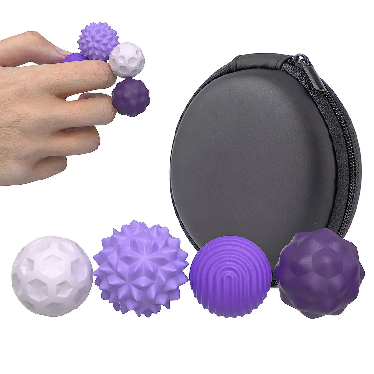 A hand holds several purple and white magnetic silicone sensory balls.