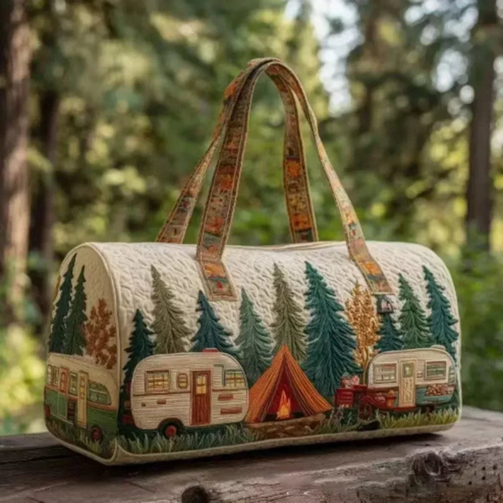 A quilted travel duffle bag featuring 3D stitching in green and brown tones, set against a blurred forest background.