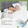 A person sleeping comfortably on a bed with a memory foam pillow and white bedding.