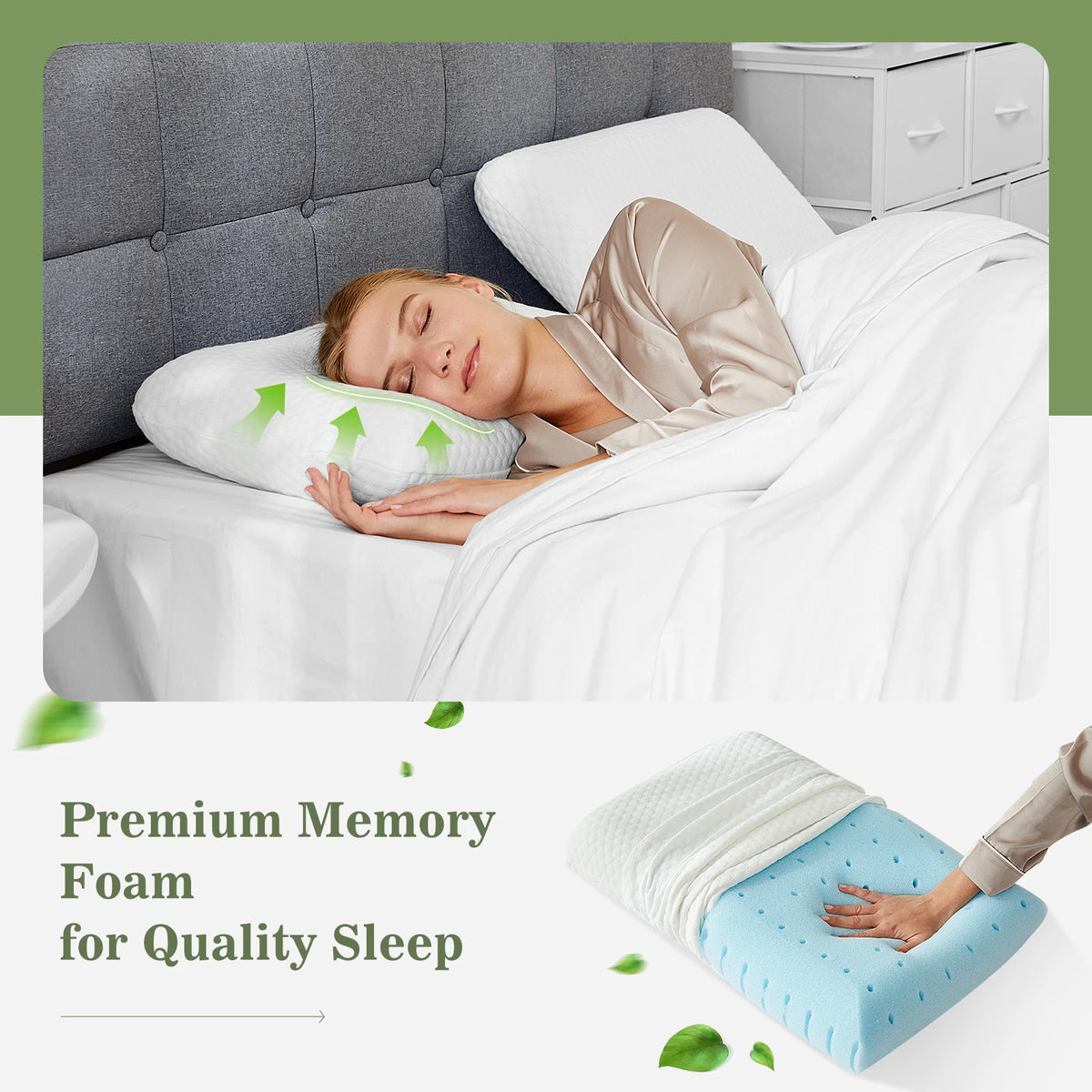 A person sleeping comfortably on a bed with a memory foam pillow and white bedding.
