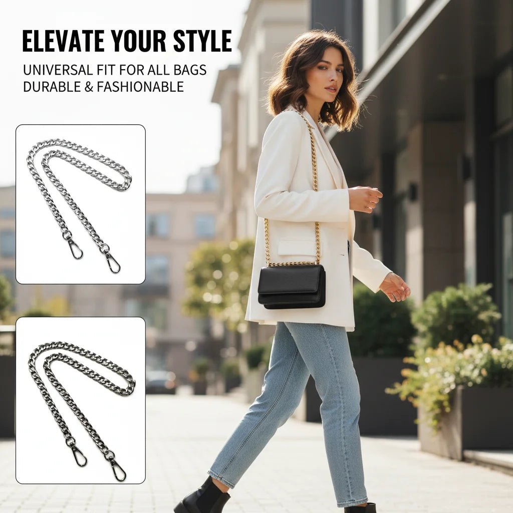 A woman models a white blazer and jeans while carrying a black handbag with a gold metal chain strap.