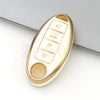 A gold-colored TPU car key case cover with a sliding mechanism and various buttons for Nissan and Infiniti models.