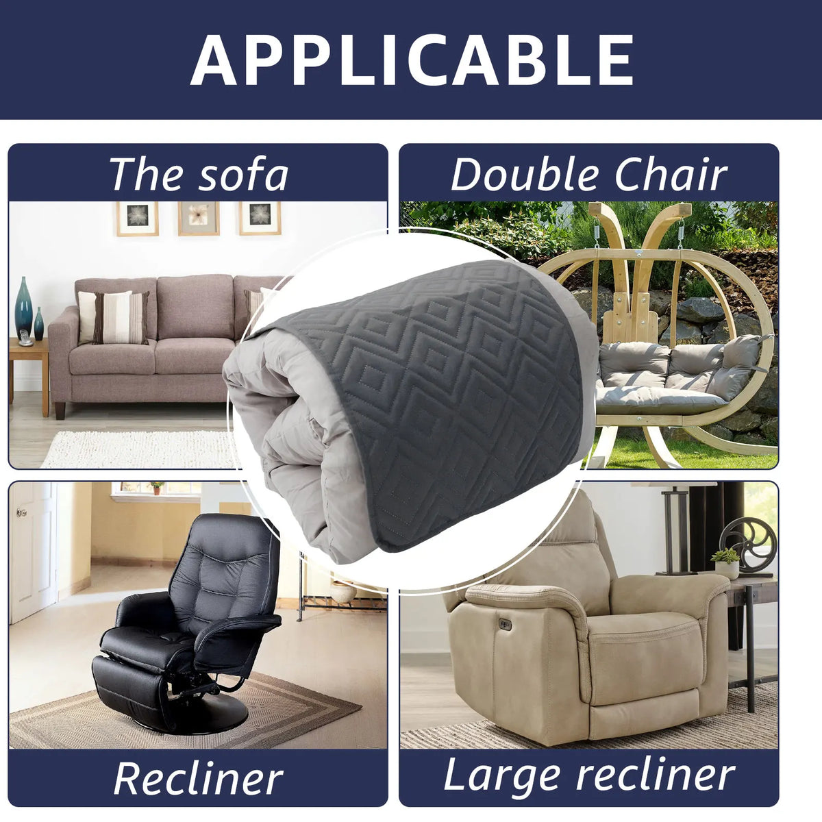 A set of three waterproof headrest protector covers for a sofa, double chair, and recliner.