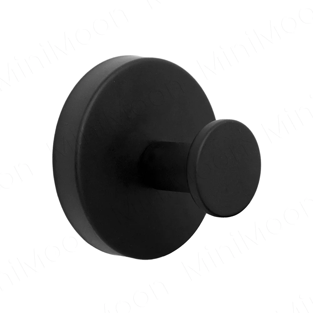A round, black suction cup towel hook with a cylindrical mounting post.