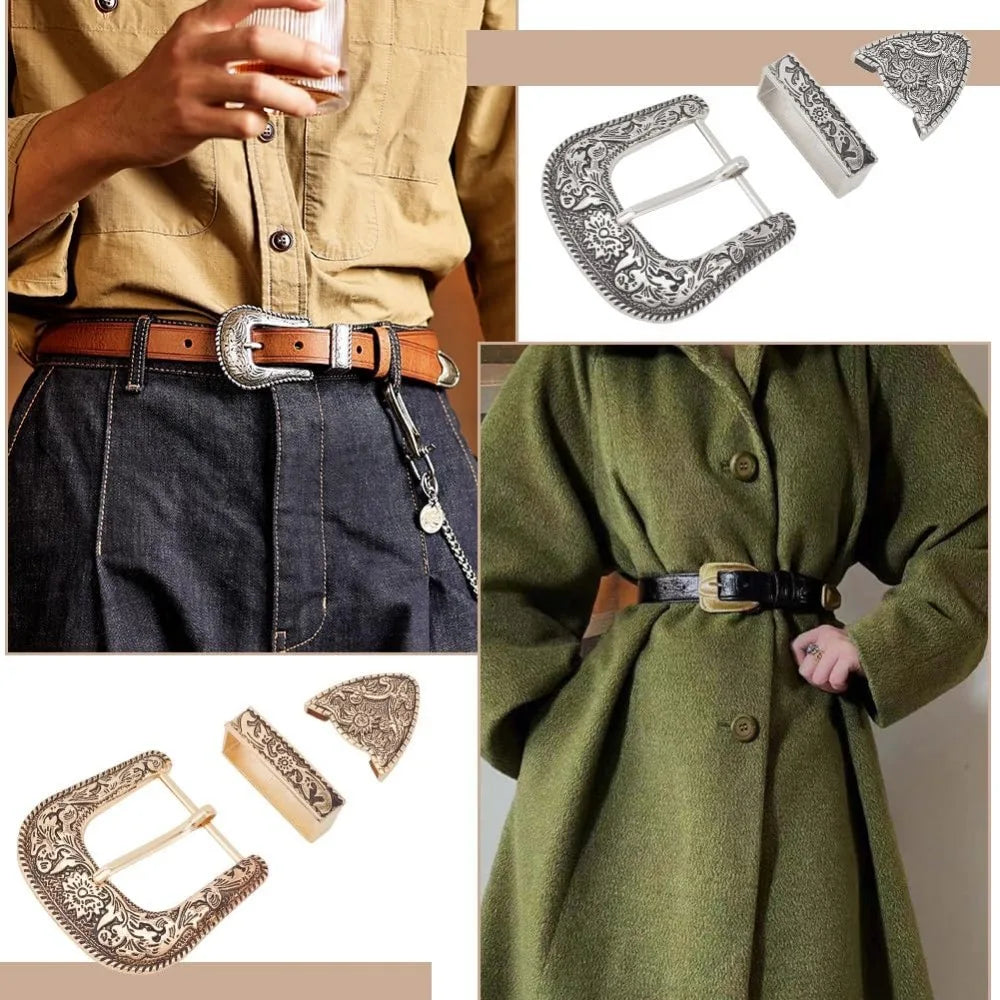 A set of vintage western belt buckles in antique gold and silver, including a large buckle and smaller pieces.