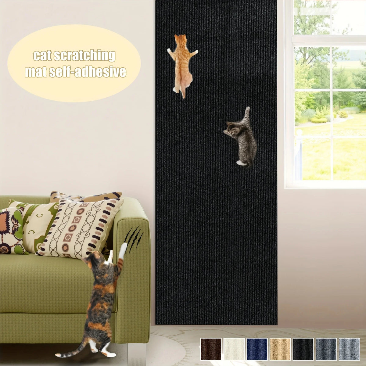 A dark gray self-adhesive cat scratching mat protector is shown on a wall, with cats visible on the mat and a green sofa near