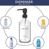 A clear glass dispenser bottle for hand soap is shown in the center, surrounded by various liquid soaps and sanitizers.