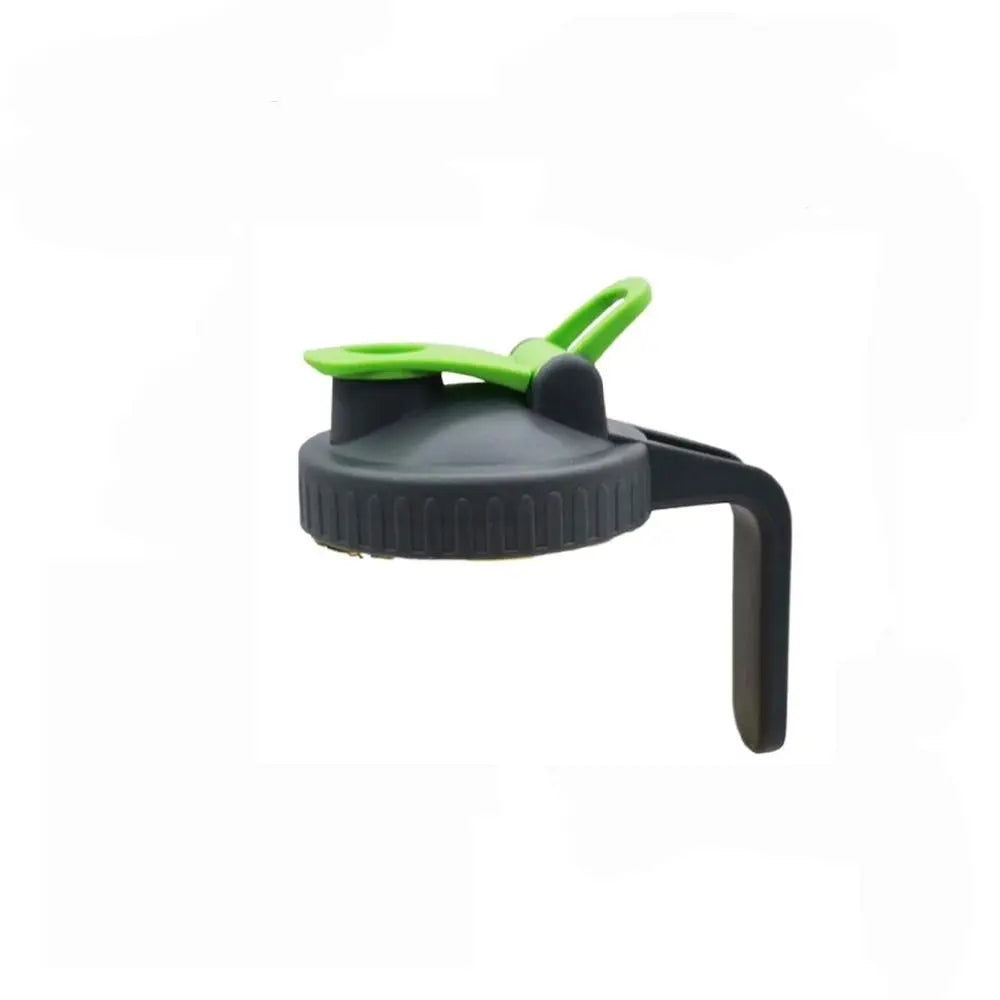 A green wide mouth mason jar lid with a pour spout and handle, shown from the side.