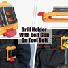 A drill holder with a belt clip shown in various views, including on a tool belt.