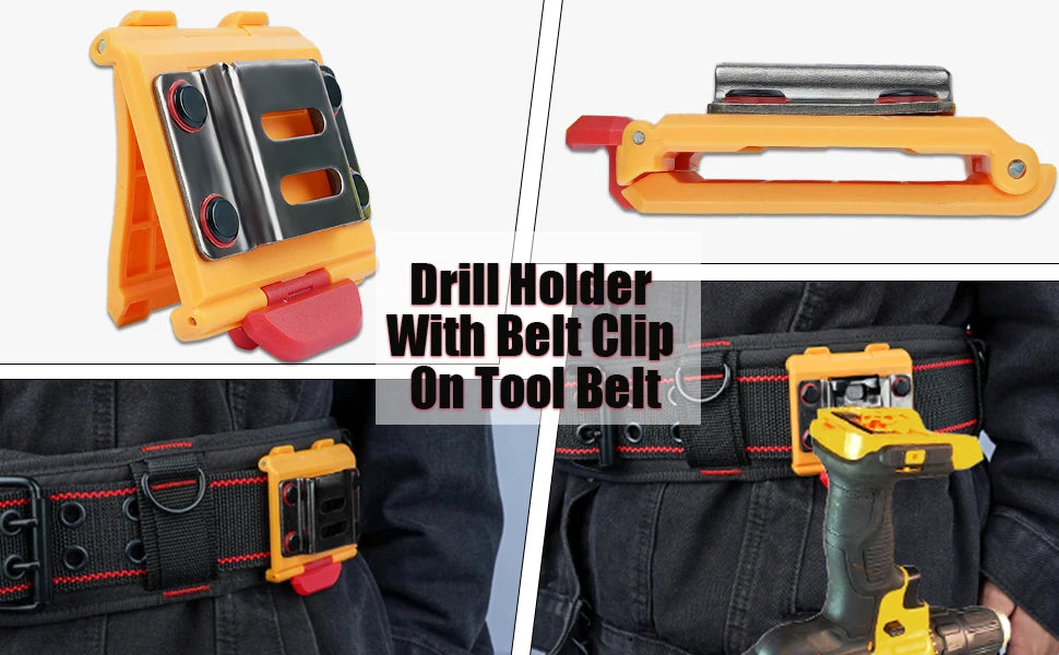 A drill holder with a belt clip shown in various views, including on a tool belt.